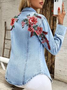 EMERY ROSE 休闲优雅刺绣女式牛仔夹克和外套 - 藍色 - 查看 5