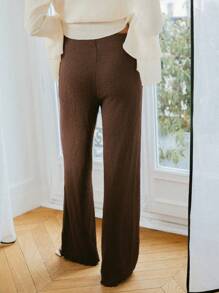 lacRébo Pantalón ancho de pierna con textura de chocolate, elástico y con dobladillo de concha para atuendos de vacaciones de mujer - Marrón Chocolate - Ver 5