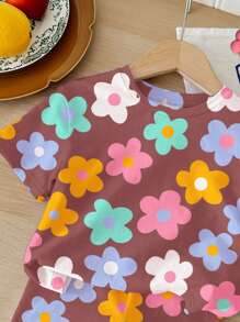 SHEIN 女婴休闲简约圆领短袖T恤和紧身裤套装，适合春夏季 - 彩色 - 查看 4