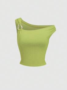 Sweetra Top casual ajustado con cuello asimétrico, primavera/verano - Verde - Ver 1