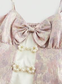 Kawaii Plus Size Women Vintage Palace Romantic Puff Dress, Contrast Color Block Bow Mini Dress - Pink - View 3