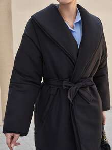 CLARA VERO Manteau long rembourré noir avec col châle, ceinture à la taille, poches, pour se réchauffer en hiver