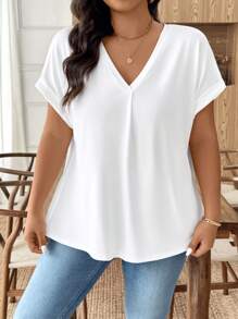 Breezaya Camiseta casual de manga corta con cuello en V y pliegues en la espalda, de unicolor, para salir, vacaciones y uso casual de negocios, talla grande para mujer