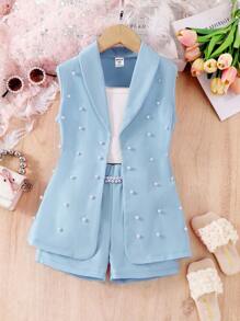 SHEIN 3pcs/Set Young Girl Girls Pink Blazer, Pearl Embellished Knit Camisole And Shorts, Casual Elegant Summer Vacation Set