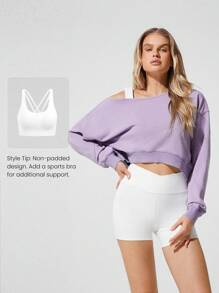 GLOWMODE Sanfte, hautfreundliche, verwaschen Crop Off-Shoulder Rippensaum Manschetten Sweatshirt, Alltags Lässig Kleidung
