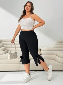 SHEIN EZwear Quần lửng 3/4 dáng suông thắt nơ bên hông dành cho nữ cỡ lớn, thích hợp cho mùa xuân hè và ngày Valentine. - màu đen - Xem 6