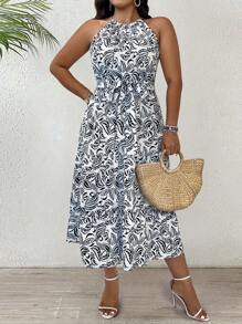 Breezaya Große Größen Urlaubs-Lässig Kleid mit Ganzdruckmuster und Trägerkragen