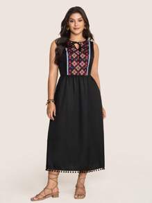 SHEIN LUNE Women's Black Boho Sleeveless Tassel Dress,Solid Color Fashion Vacation Outfits For Summer Clothes,European Style Casual Summer Outfits For Women - Black - View 9