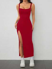 SHEIN PETITE High Elastic Rib Knit Wide Shoulder Strap Women's High Slit Slim Long Dress