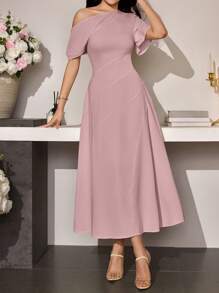 Modelyn Women Asymmetric Hem Waisted Simple Dress, Spring/Summer - Pink - View 6