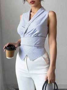 新款条纹优雅修身时尚女士无袖衬衫 - 藍色 - 查看 4