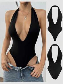 SHEIN Tall Women's Deep V-Neck Backless Skin-Tight Halter Bodysuit, High Stretch Soft Comfortable, Fashionable Minimalist Casual Sexy Outfit For Vacation & Daily Wear, Spring/Summer, Tall/Plus Size