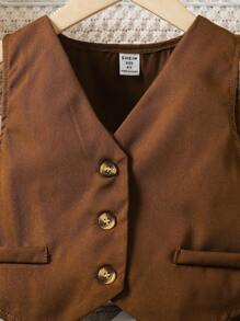 SHEIN 新款女童春秋派对装，优质背心+阔腿裤+长袖T恤三件套，户外休闲三件套，粉色无袖纽扣背心+舒适中高领针织上衣+阔腿裤，欧美时尚酷女孩时尚简约设计童装 - 巧克力棕 - 查看 7