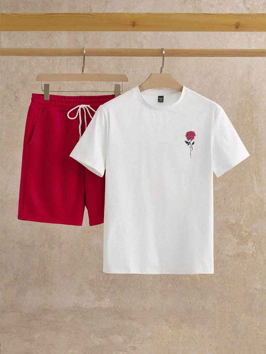 Manfinity VCAY Men's Rose Printed Short Sleeve T-Shirt And Solid Color Drawstring Waist Shorts Casual Two Piece Set, Going Out, Fashion - Multicolor - View 1