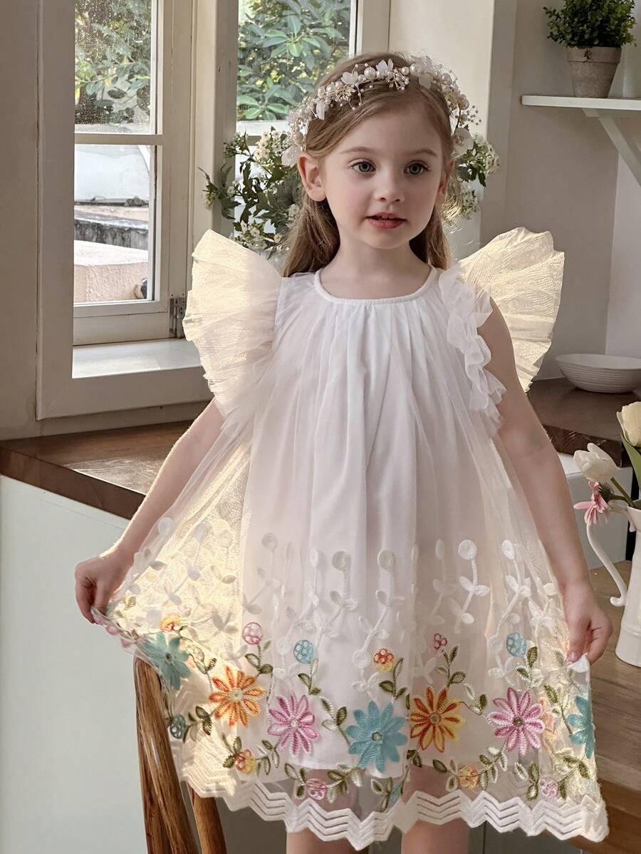 Young Girl Woven Solid Color Round Neck Ruffle Hem Casual Snug Fit Dress - Multicolor - View 1