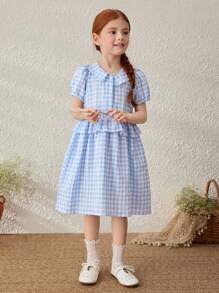 SHEIN 年轻女孩乡村度假蓝色格子领泡泡袖连衣裙 - 藍白色 - 查看 3