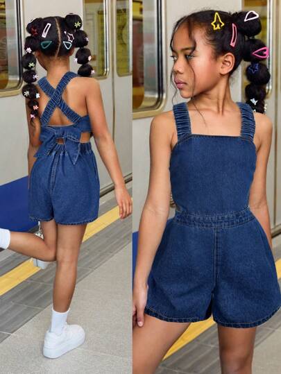 SHEIN Tween Girl Summer Beach Boho Cool & Street-Style Stonewashed Jumpsuit With Cross Back Straps And Open Back, Tween Girl Summer Beach Boho Holiday Clothes Back To School Streetwear Outfits,Girls Concert Rave Casual Outfits