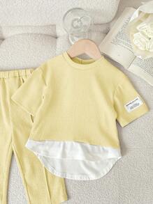 SHEIN 2 件套女婴可爱彩色拼接针织上衣和松紧腰长裤套装，春夏