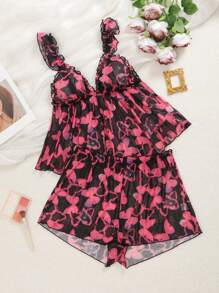 SHEIN 2pcs Sexy Front Buckle Print Sheer Mesh Lingerie Set - Multicolor - View 8