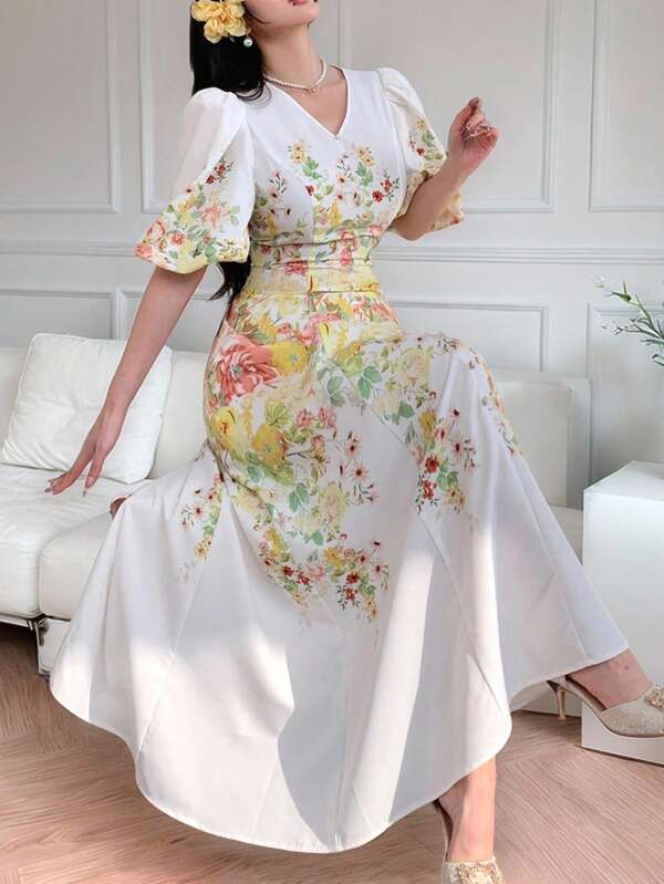 Modelyn Women's Elegant Floral Print Lantern Sleeve Dress, For Spring