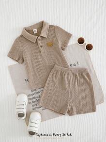 Cozy Pixies 2 件套男婴卡通熊图案柔软针织 Polo 领短袖套头衫和松紧腰短裤 - 卡其色 - 查看 7