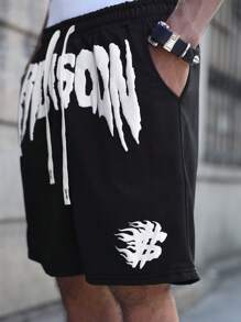 PAVTROS Men's Youthful Street Style INS High Street Creative Letter Printed Black Shorts, Gift For Boyfriends Or Husbands, Graphic - Black - View 6