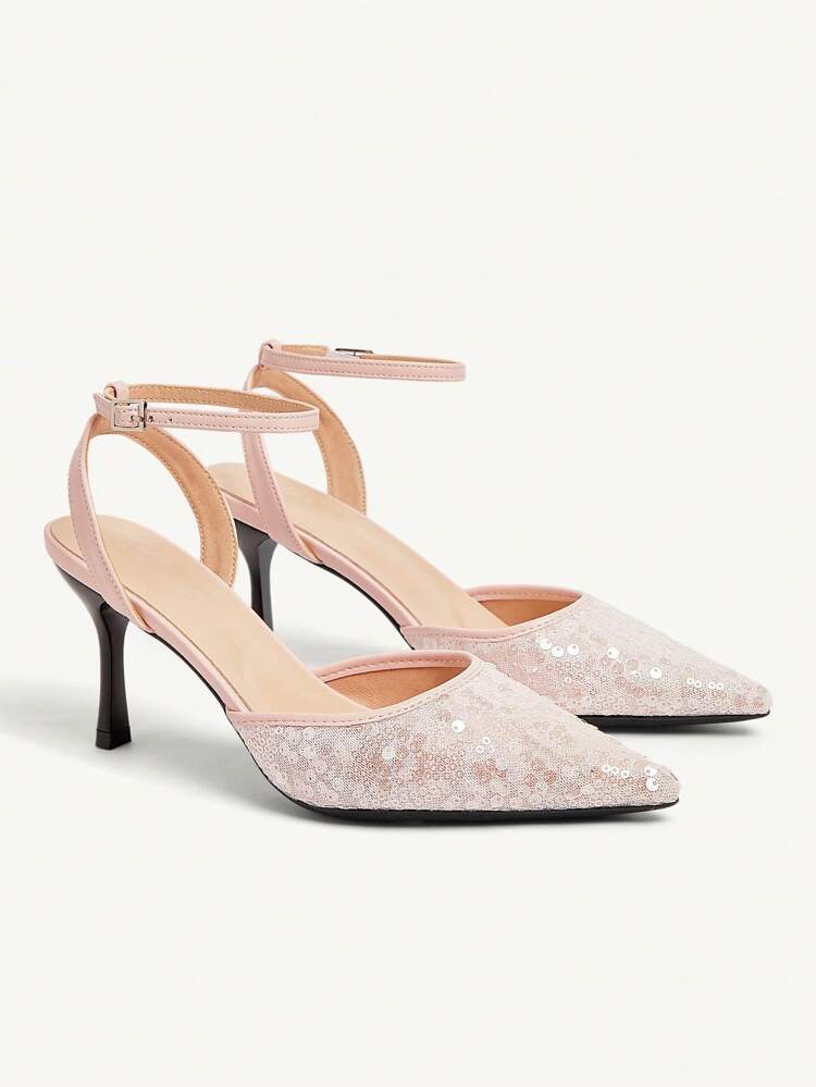 CUCCOO CHICEST Chaussures de fête/mariage/soirée/demoiselle d'honneur pour femmes, à bout pointu, paillettes, talons hauts fins, élégantes et glamour, rose clair, avec bride à la cheville