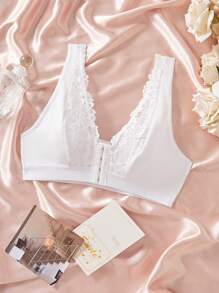 SHEIN Women's Sexy French Lace Patchwork Comfortable Wire-Free Bra - White - View 6