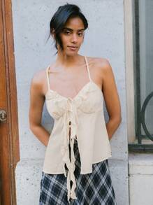 lacRébo Ruffle Front Boho Woven Summer Vacation Cream Cami Top Cute Summer Top