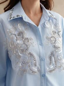 Anewsta 女式设计水钻亮片装饰纽扣衬衫 - 藍色 - 查看 1