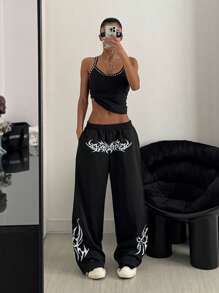 StreetHx Quần jogger nữ kiểu Gothic in hoa, dáng rộng, ống suông, thích hợp mặc đi học, tốt nghiệp, đi làm, mùa thu - màu đen - Xem 3