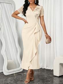 SHEIN Lady Spring And Summer Elegant Beige Knitted V Neck Mermaid Slit Contrast Mesh Sequin Embroidery Patchwork Ruffle Hem Long Dress Dresses Classy Elegant Birthday&Event Dresses /Office Dresses /Church Dresses/Wedding Dresses /Holiday Dresses / Birthday Dresses For Women Festival Butter Yellow / Butter Yellow Dress Business Casual Woman