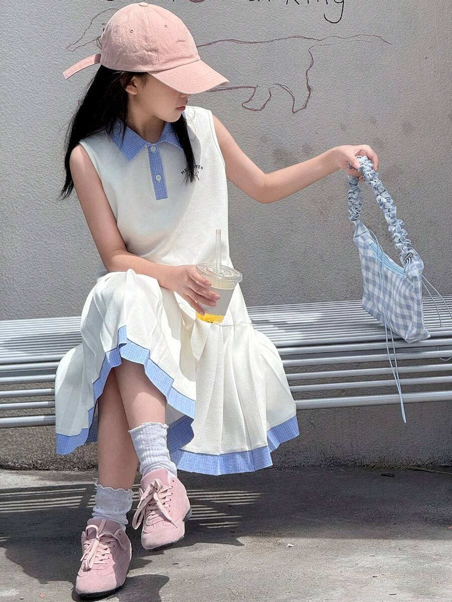 Dazy Kids Váy xếp ly không tay màu khối cho bé gái tuổi teen, mùa hè, quần áo trở lại trường - trắng - Xem 1