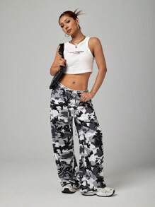 SHEIN PETITE Grey Camouflage Women's Woven Wide Leg Pants - Grey - View 5