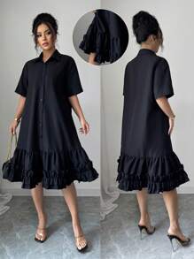 Selianne 女士宽松艺术设计荷叶边拼接裙摆连衣裙，夏季 - 黑色 - 查看 1