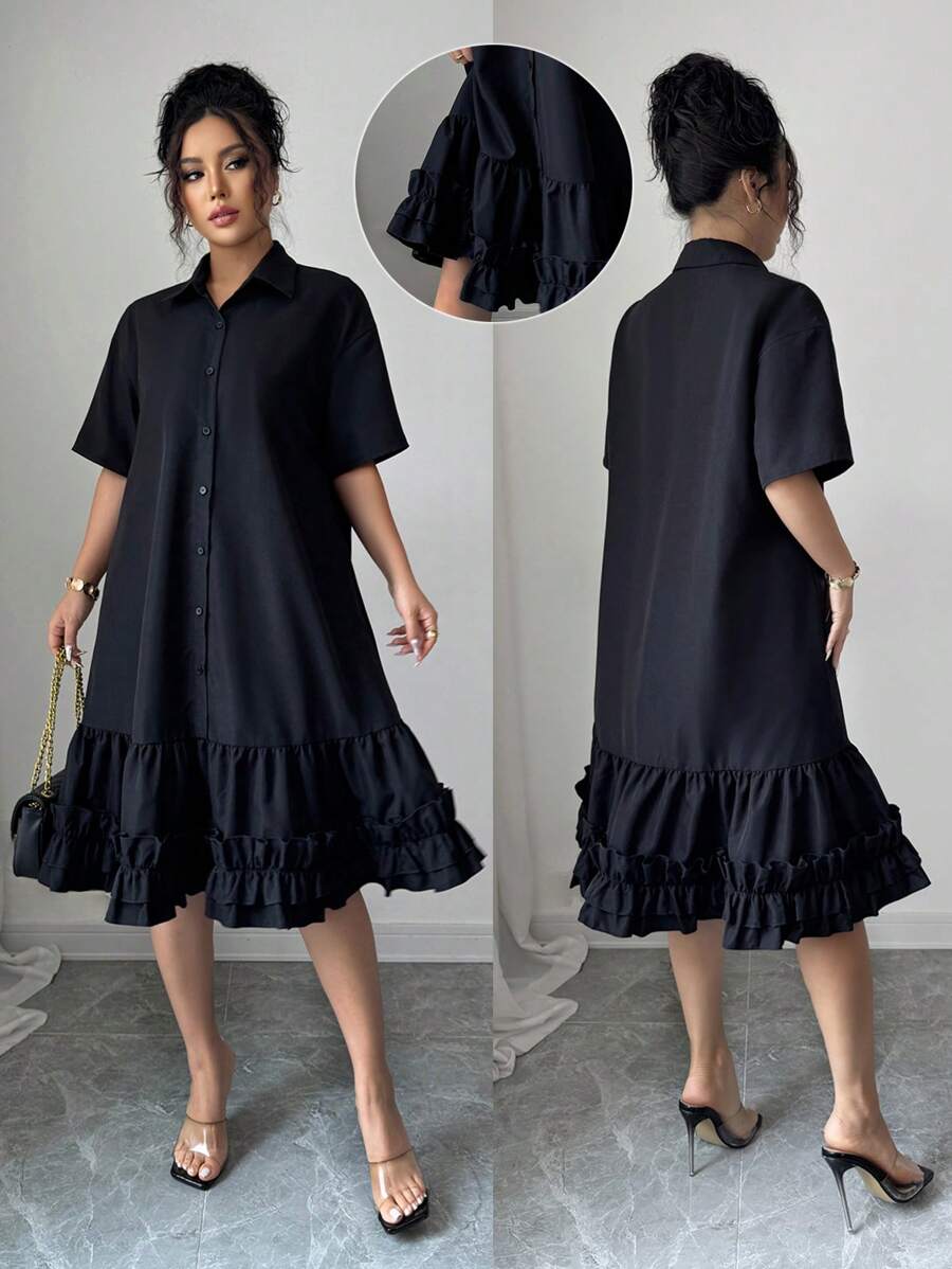 Selianne 女士宽松艺术设计荷叶边拼接裙摆连衣裙，夏季 - 黑色 - 查看 1