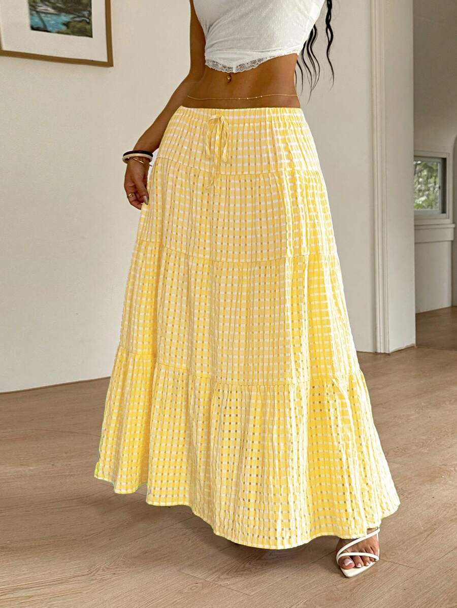 SHEIN EZwear Falda a cuadros amarilla, adecuada para usar en vacaciones, verano - Mostaza Amarilla - Ver 1