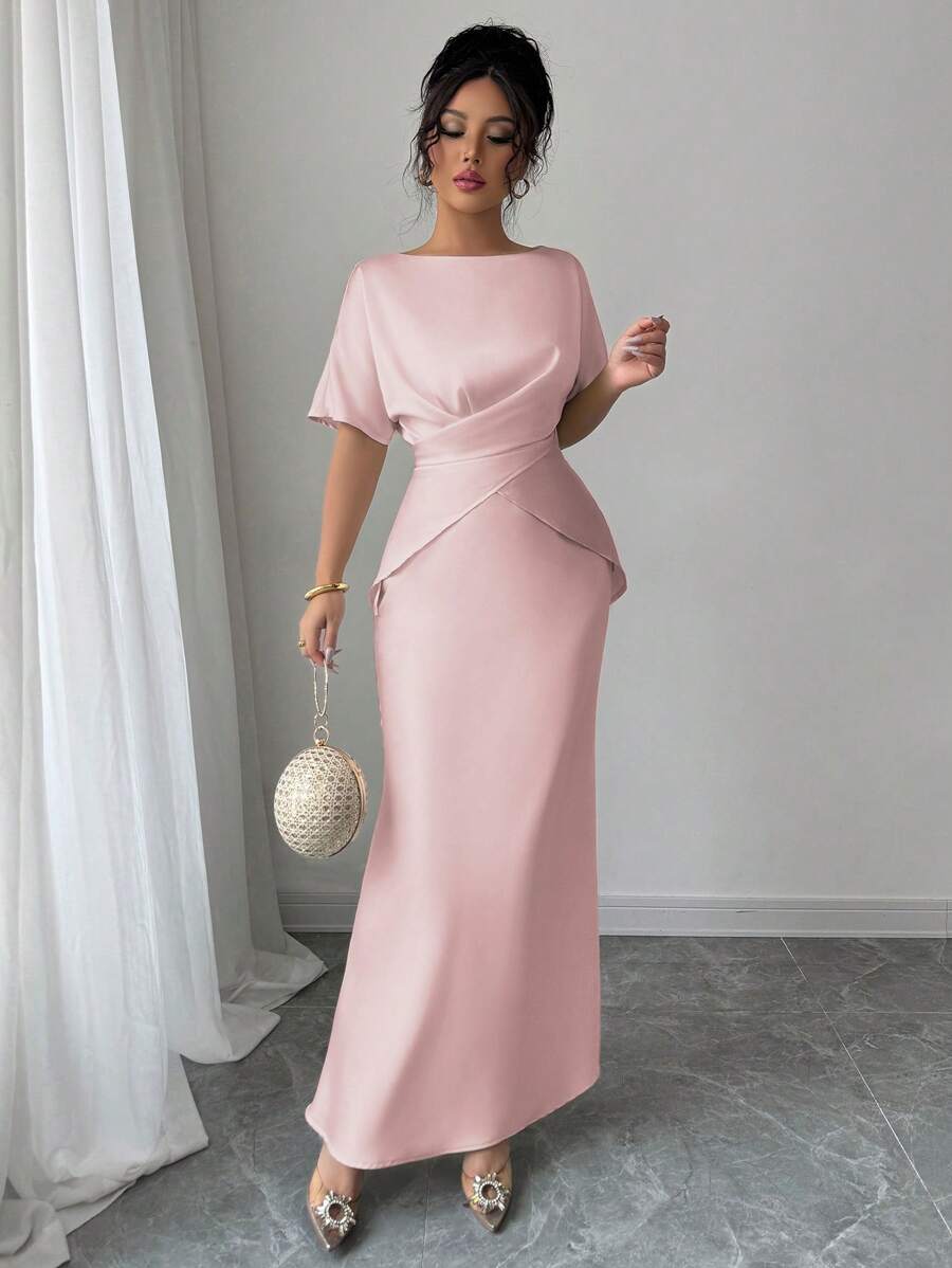 Elenzga 女士优雅缎面礼服，交叉带露背蝴蝶结腰鱼尾下摆，适合办公室、度假、休闲茶会、晚会 - 粉色 - 查看 1