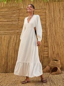 Bóhologie V 领长袖孔眼刺绣面料连衣裙，女式度假波西米亚风格 - 白色 - 查看 6