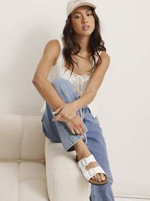 Solezae 女士鞋模压鞋床双扣休闲 PU 白色平底凉鞋 - 白色 - 查看 7