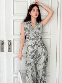 DAZY 女式无袖上衣和阔腿牛仔裤两件套，休闲印花 - 米色 - 查看 8