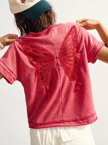 Bohemela 休闲纯色针织蝴蝶背透设计圆领短袖宽松大码T恤 - 紅色 - 查看 2