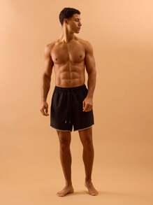 Musero Men Contrast Stitch Swim Short Elasticated Drawstring Waistline Summer Spring Holiday Vacation Beachy Poolside - Black - View 1