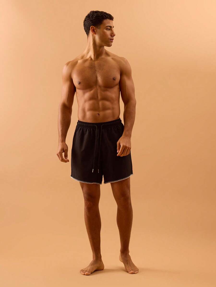 Musero Men Contrast Stitch Swim Short Elasticated Drawstring Waistline Summer Spring Holiday Vacation Beachy Poolside - Black - View 1