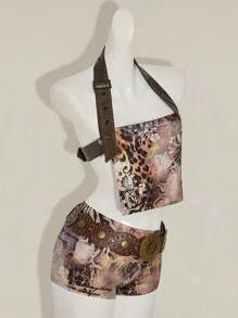 SHEIN ICON مجموعة قطعتين للنساء تتكون من توب قصير ظهر مكشوف مطبوع بنقشة الحيوان وشورت قصير جدًا, ملائمة وخصر منخفض, ملابس دراجة نارية - متعدد الألوان - مشاهدة 10