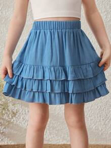 Blossori Young Girls' Country Style Blue Multilayer Ruffle Hem Midi Skirt - Blue - View 4
