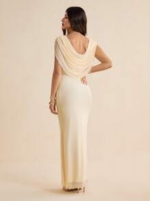 SHEIN Tall 女士 V 领修身长裙，优雅纯色，女士夏季连衣裙，波西米亚风 - 杏色 - 查看 2