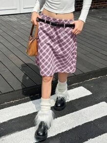 Jouncy 女士格子印花休闲百搭半身裙，夏季 - 紫色 - 查看 4