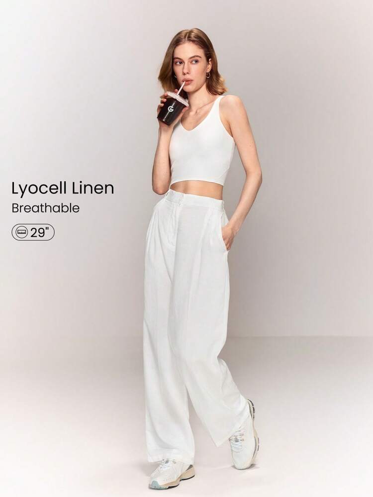 29'' Linen-Blend Everyday Wide Leg Side Back Pocket Front Pleat Pants Daily Casual Lounge