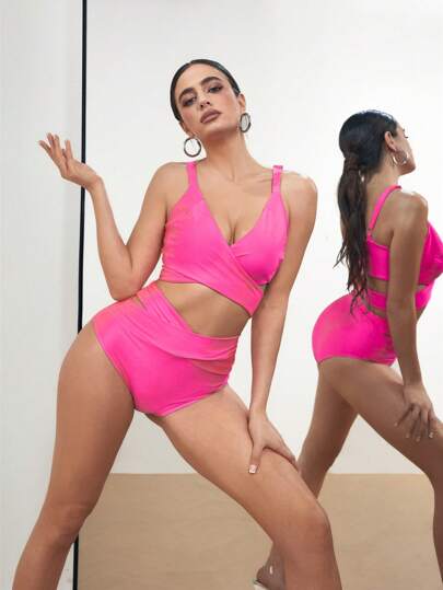 Menodora SHEIN Sport 金属箔交叉裹胸短款上衣和三角内裤运动服套装亮粉色